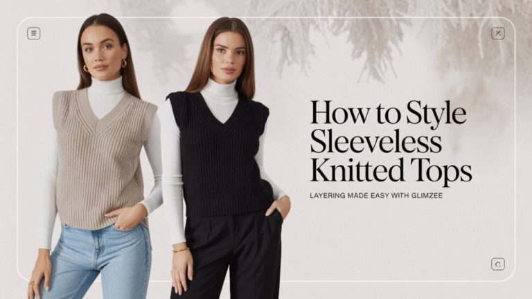 Two women wearing sleeveless knitted tops layered over white turtlenecks — one in beige with light blue jeans, the other in black with black trousers. Blog banner titled “How to Style Sleeveless Knitted Tops – Layering Made Easy with Glimzee.”
