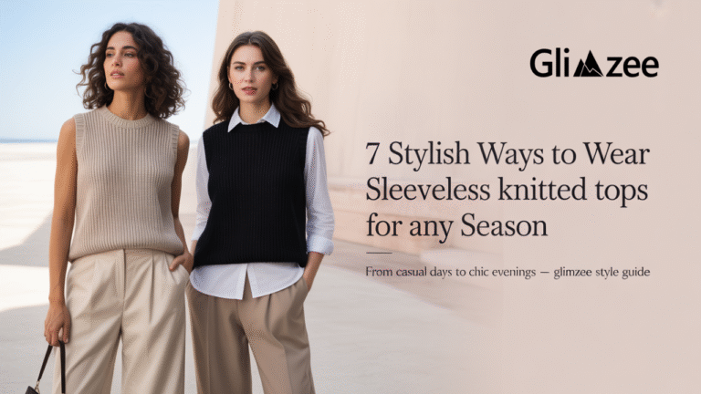 Woman wearing a beige sleeveless knitted top styled for all seasons – Glimzee fashion