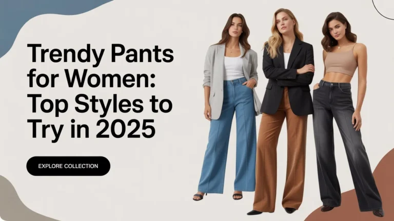 Trendy pants for women 2025 – wide leg jeans, brown trousers, and black denim styled with blazers and crop tops, fashion collection banner.