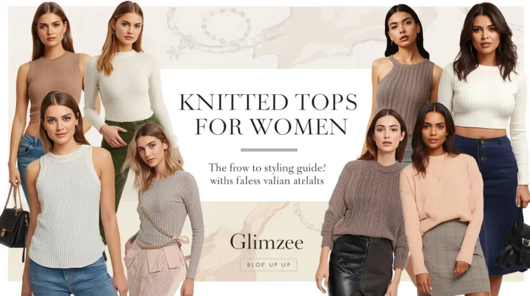 Knitted tops for women in trendy styles – sleeveless, ribbed, and long-sleeve outfits styled with skirts, jeans, and accessories in Glimzee’s fashion guide.
