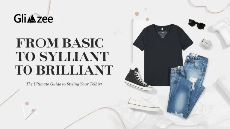 Glimzee fashion banner featuring a black t-shirt styled with jeans, sneakers, and accessories – the ultimate t-shirt styling guide from basic to brilliant