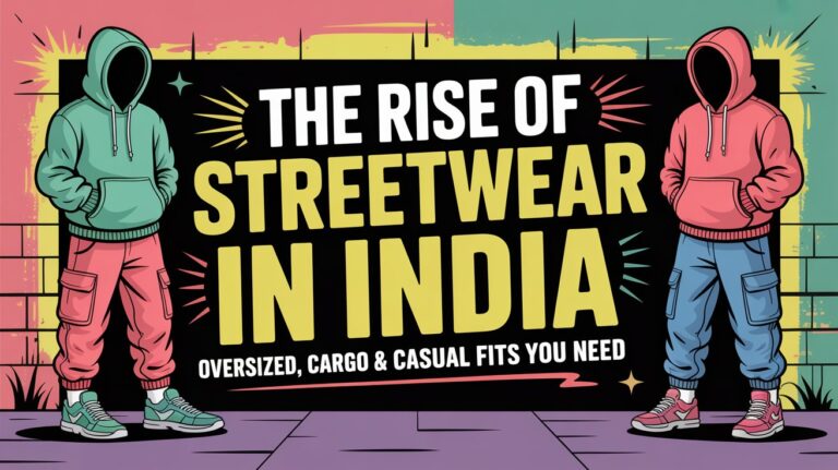 The Rise of Streetwear in India banner showcasing oversized hoodies, cargo pants, and casual fits with urban graffiti background and bold typography glimzee