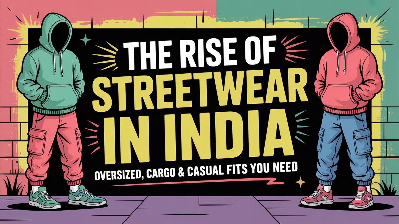The Rise of Streetwear in India banner showcasing oversized hoodies, cargo pants, and casual fits with urban graffiti background and bold typography glimzee