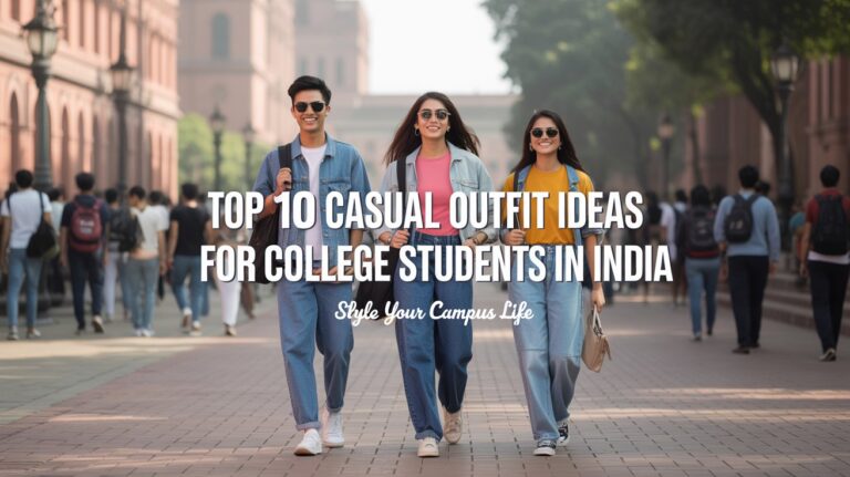 Banner showing college students in India wearing trendy casual outfits like jeans, oversized t-shirts, cargo pants, and sneakers — representing Top 10 casual outfit ideas for college students in India.